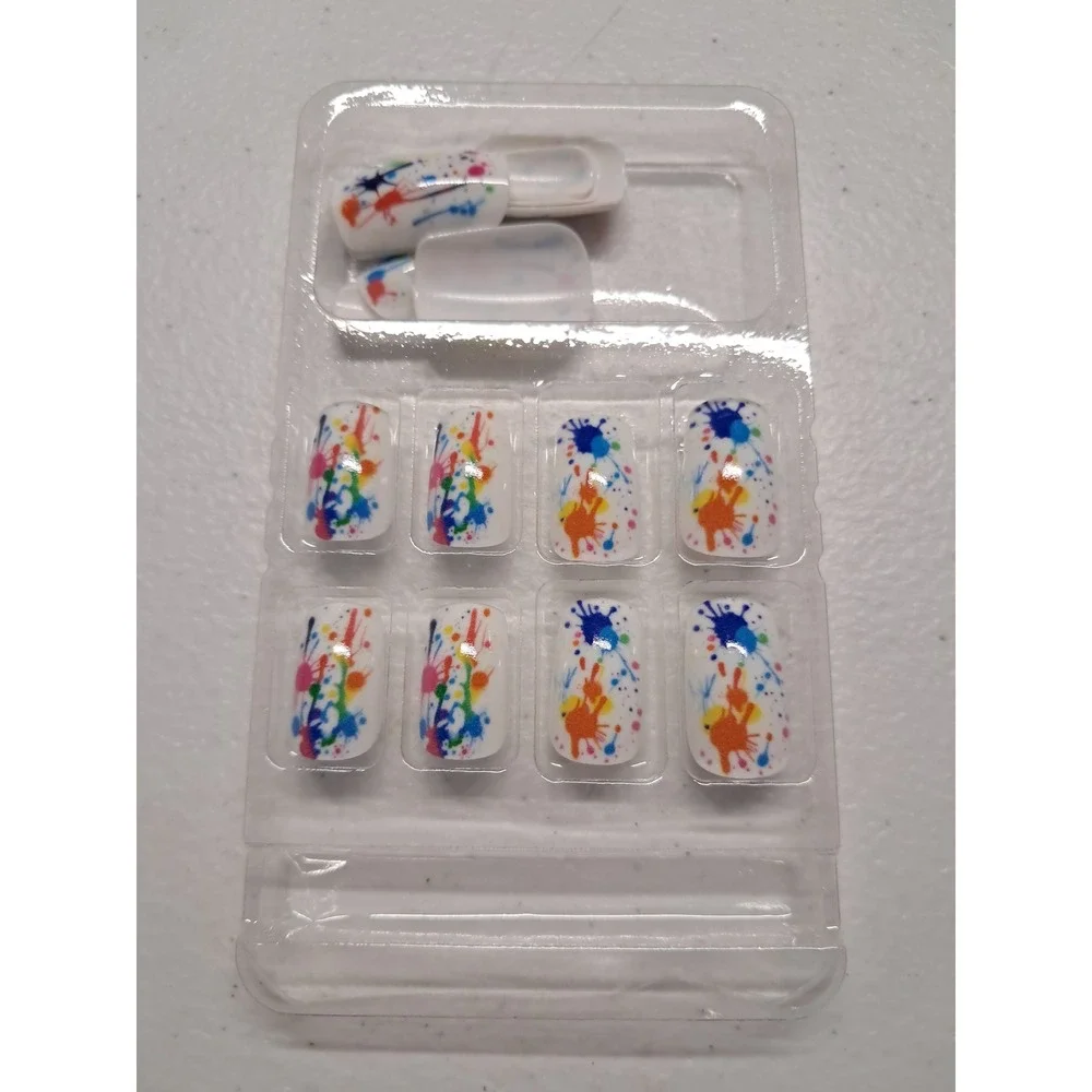 Multicolor Paint Splatter Press On Nails DIY Kit‎ White Square Artistic Manicure